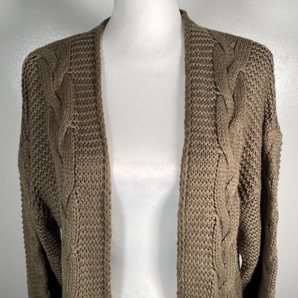 Olive Green Shawl Neck Open Front Waffle Cable Knit 3/4 Sleeve Cardigan L - Picture 3 of 11